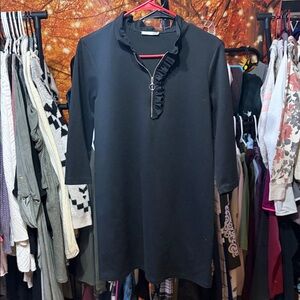 Zara Black Knit Tunic Dress Ruffle Zip Front 3/4 Sleeve Mini.